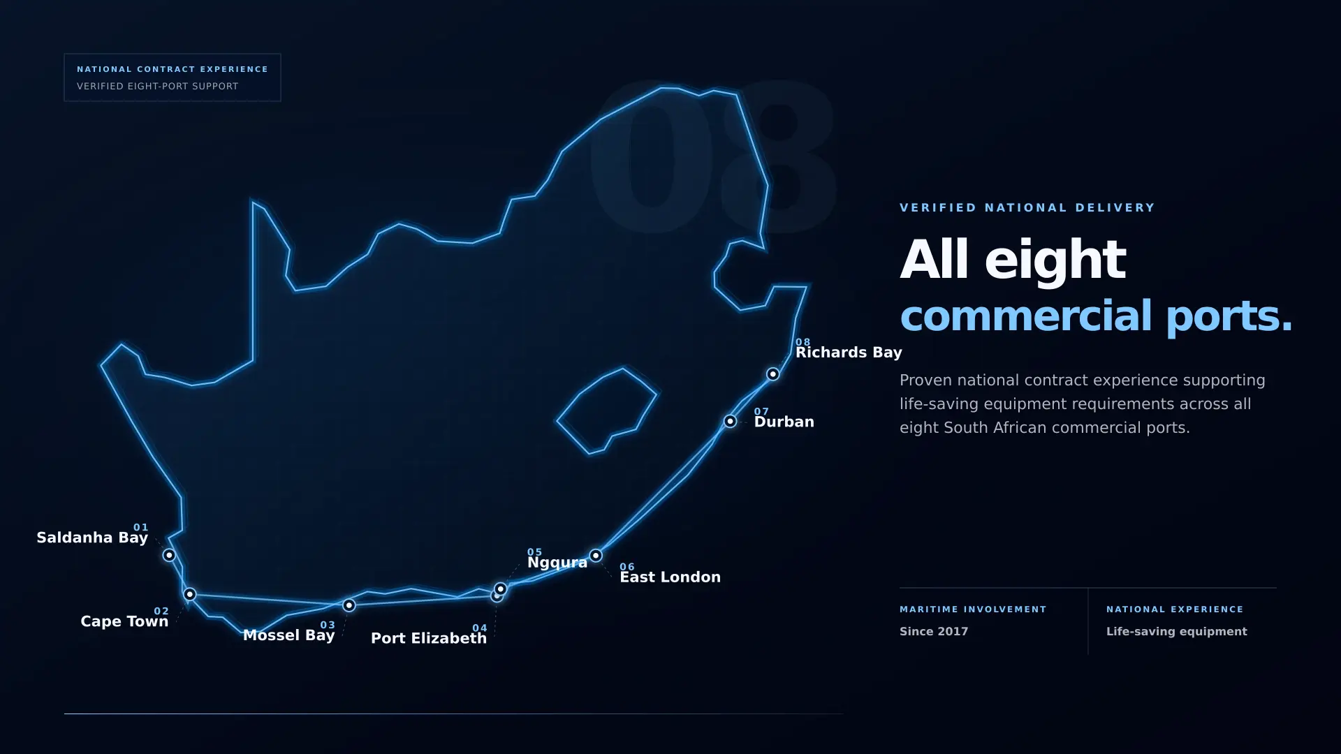 South Africa with Saldanha Bay, Cape Town, Mossel Bay, Port Elizabeth, Ngqura, East London, Durban and Richards Bay illuminated